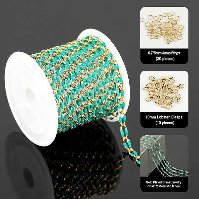 YOUBEIYEE 6.6 Feet Gold Plated Brass Chain on Spool Green Enamel Cable Chain Necklace DIY Jewelry Chains Bulk with Jump Rings and Lobster Clasps
