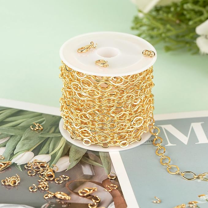 KYUNHOO 5 Meters Oval Circle Jewelry Chain Links Gold Chain Spool Women Men Bracelet Necklace Making Supplies with Lobster Clasps Jump Rings for Craft DIY Jewelry Findings