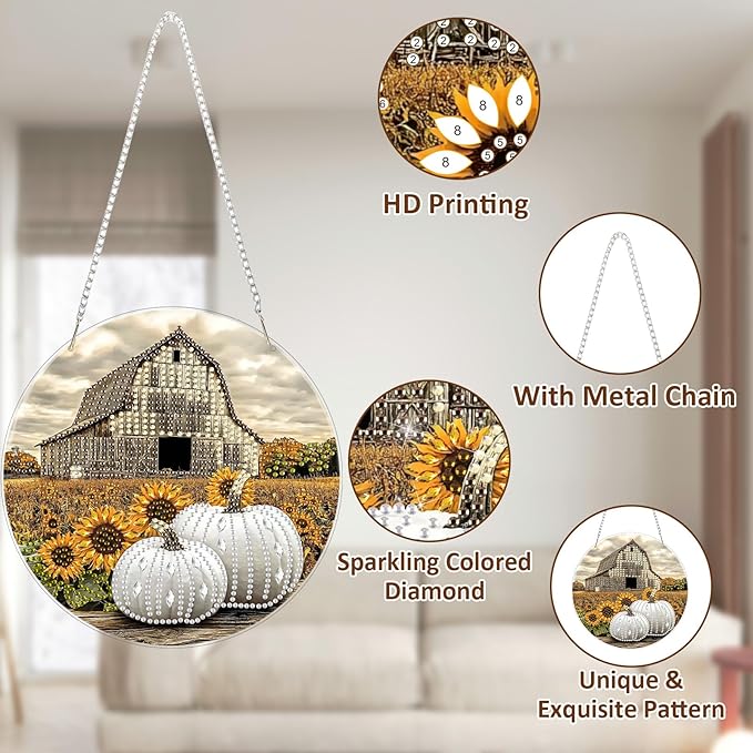 SENQAO Farmhouse Diamond Art Hanging Kits for Adults, Acrylic Diamonds Painting Pendant Board Kits Pumpkin, Diamond Art Painting Window Pendants Home Garden Wall Hanging Kits Hanging Ornament
