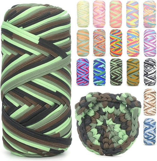 Tshirt Yarn for Crocheting,Rainbow T Shirt Chunky Elastic Fabric Thick T-Shirt Crochet Yarn for Beginners Crocheting Hand Knitting Bag/Basket/Coasters/DIY Crafts/Home Decor 200G-Camo Green