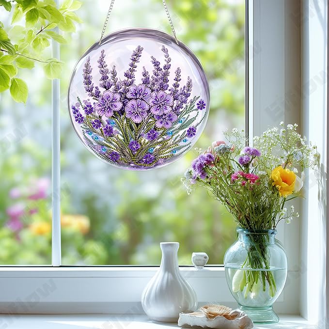 Eiflow DIY Hanging Diamond Art Kit Purple Flower, Acrylic Diamonds Painting Pendant Board Kit, 5D Gem Art Ornament Kit for Adults, Double Sided(9.4x9.4inch)