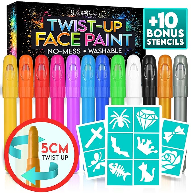Jim&Gloria Face Paint Kit with Stencils, 12 Large Professional Face Painting Kit for Kids Party Makeup, Facepaint Washable Body Paint for Adults Skin Color Crayons, Girls Christmas Gifts, Crafts Toys