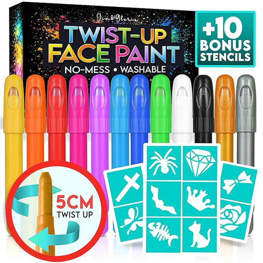 Jim&Gloria Face Paint Kit with Stencils, 12 Large Professional Face Painting Kit for Kids Party Makeup, Facepaint Washable Body Paint for Adults Skin Color Crayons, Girls Christmas Gifts, Crafts Toys