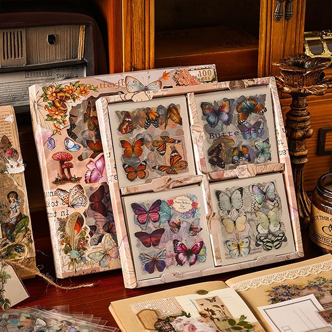 560pcs Buterfly Scrapbook Stickers Kit, Vintage Transparent Waterproof Stickers for Scrapbooking, Aesthetic Junk Journal Supplies for DIY Art Crafts, Planners, Notebook, Laptop, Cell Phone, Calendars