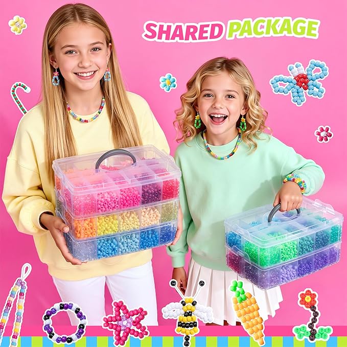 Simetufy 14000Pcs Pony Beads Bulk, 50 Colors 6x9MM Kandi Beads for Hair Braiding Bracelet Making Jewelry Key Chains DIY Crafts Christmas Gifts (8LB, Shock Resistant Package)