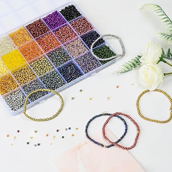 Vtssvow 3mm Glass Seed Beads for Bracelets Making, 24 Colors 10000pcs Friendship Bracelet Making Kit, Small Glass Beads for Jewelry Making (Mix 24 Color, Metallic)