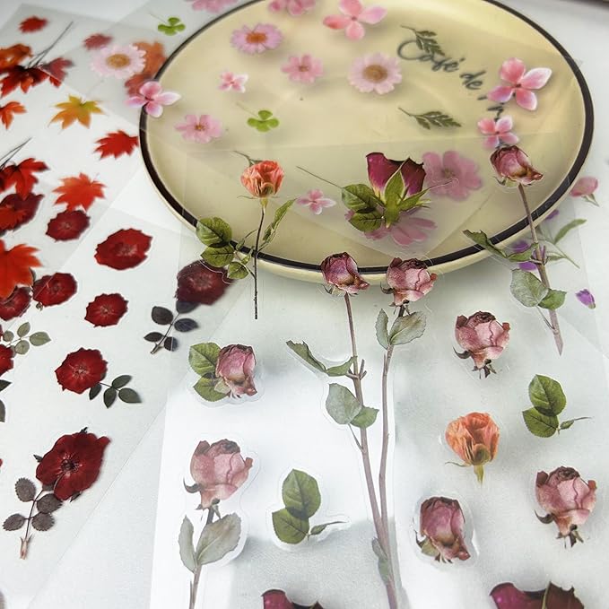 DAPUTOU 400PCS Plants Floral Scrapbook Stickers Kit Vintage Flowers Fall Maple Leaves Transparent Waterproof Stickers Book for Scrapbooking Supplies Aesthetic Junk Journal Journaling Craft 20-Page