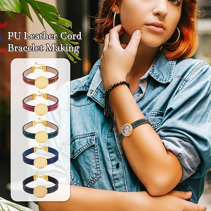 FASHEWELRY 5Pcs PU Leather Cord Bracelet Blanks Bezel Tray Settings Golden Flat Round Tray Cabochons Adjustable Round Tray Bracelet Kits with Glass Cabochons for Jewelry Making