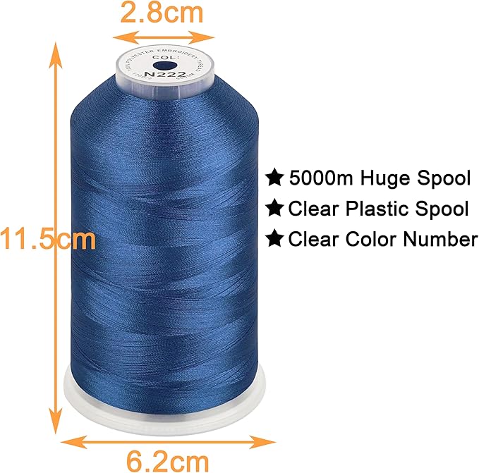 New brothread - Single Huge Spool 5000M Each Polyester Embroidery Machine Thread 40WT for Commercial and Domestic Machines - Ocean Blue(Janome Color)