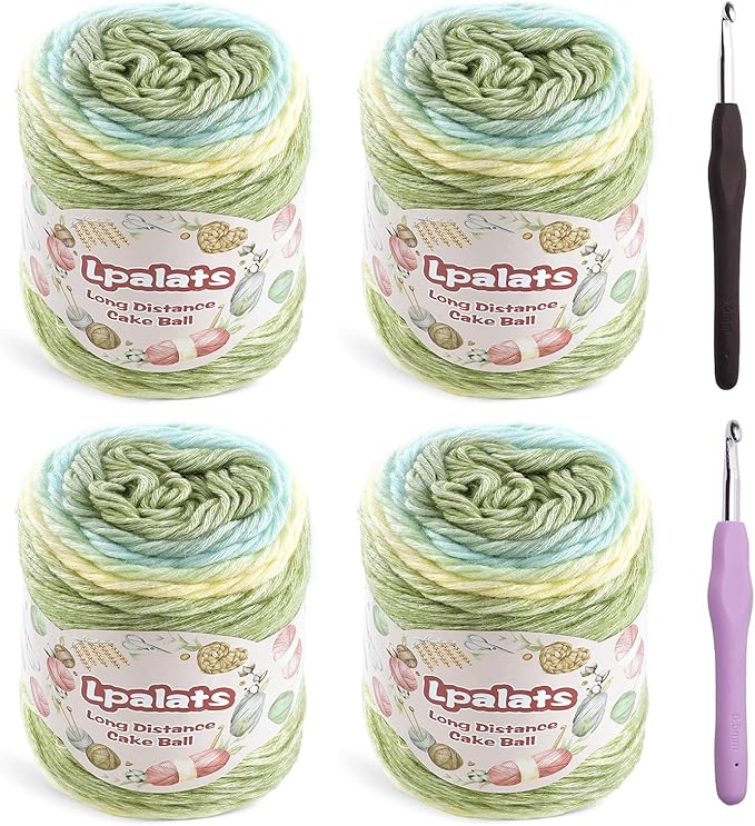 Ombre Yarn for Crocheting - 4x100g Soft 60% Cotton 40% Acrylic Yarn - 962 Yds Gradient Cake Yarns for Knitting Shawls Blankets Sweater with 2 Crochet Hooks (4, Green Gradient)