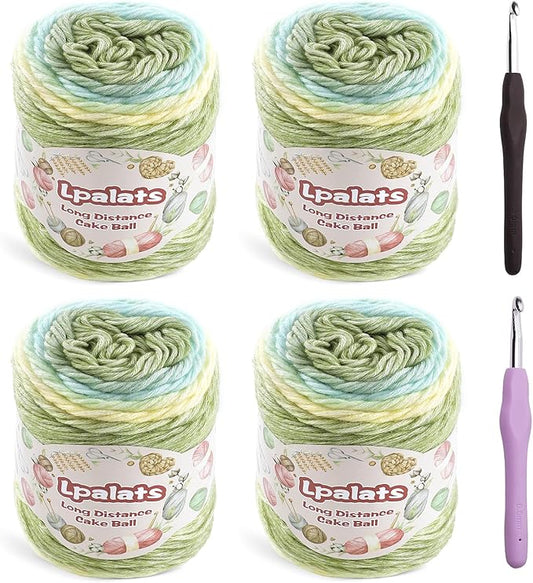 Ombre Yarn for Crocheting - 4x100g Soft 60% Cotton 40% Acrylic Yarn - 962 Yds Gradient Cake Yarns for Knitting Shawls Blankets Sweater with 2 Crochet Hooks (4, Green Gradient)