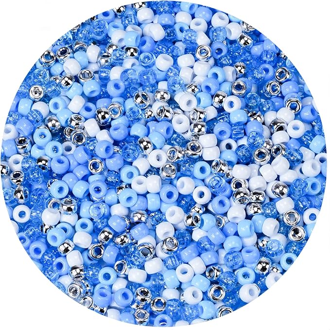 1000PCS Ocean Pony Beads Bulk – 6x9mm White, Silver Blue Glitter Kandi Beads for Bracelets, Jewelry, Hair Braids, Holiday Crafts & DIY Decorations