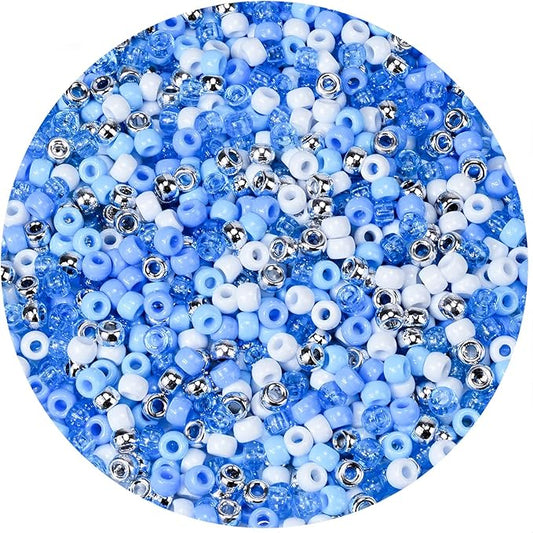 1000PCS Ocean Pony Beads Bulk – 6x9mm White, Silver Blue Glitter Kandi Beads for Bracelets, Jewelry, Hair Braids, Holiday Crafts & DIY Decorations