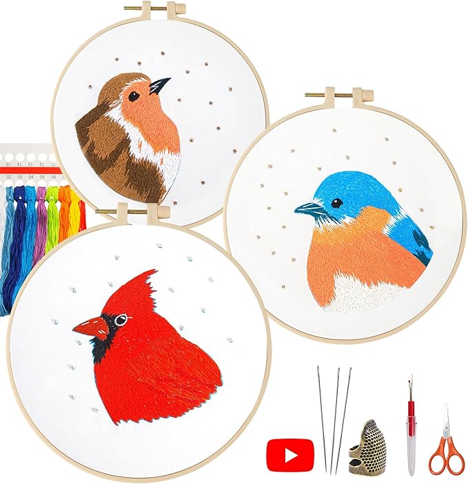 lx lermx embroidery kits for beginners, adult starter cross stitch kit needlepoint complete diy kit with unique patterns, hoop, colorful threads, tools, step by step instructions & video tutorial