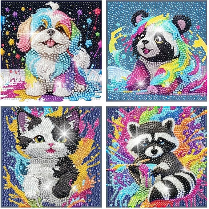4 Pack Diamond Painting Kits for Beginners, 5D DIY Diamond Art Kit for Kid, Cute Animals Big Gem Art and Crafts, Easy Small Full Drill Painting Kits for Home Wall Decor 6" X 6"(4 Pack Adorable)