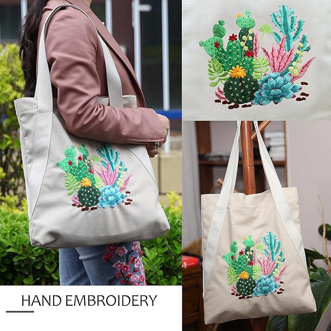 CREAWONDER Canvas Tote Bag Embroidery Kit with Pattern for Beginners, Arts and DIY Embroidery Crafts Kits for Adults, Include Instructions, Thimble, Embroidery Hoops, Color Threads and Tool