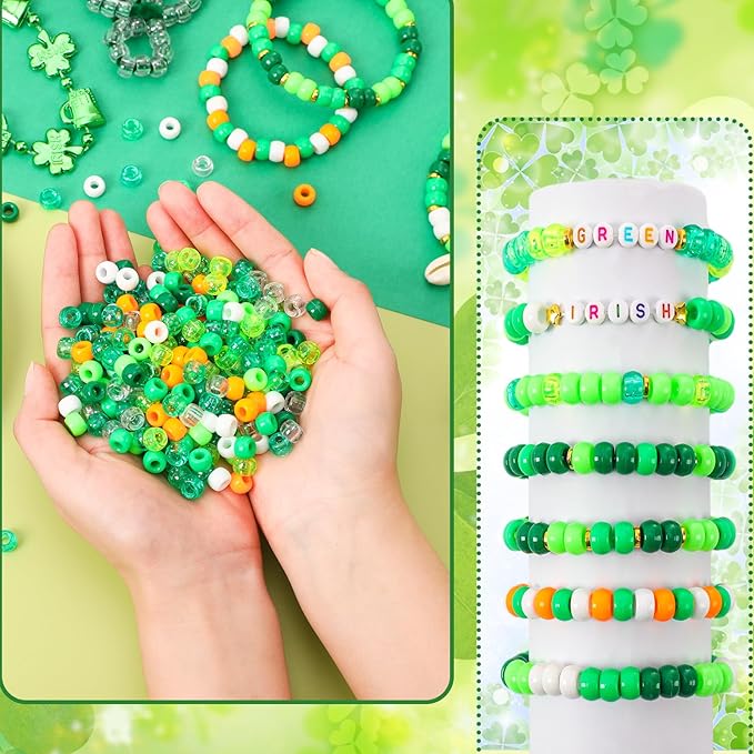 UPINS 1200Pcs St. Patrick's Day Pony Beads,Green Glitter Irish Colored Beads Bulk for Jewelry Making Bracelets Necklace DIY Crafts Supplies (10 Colors)