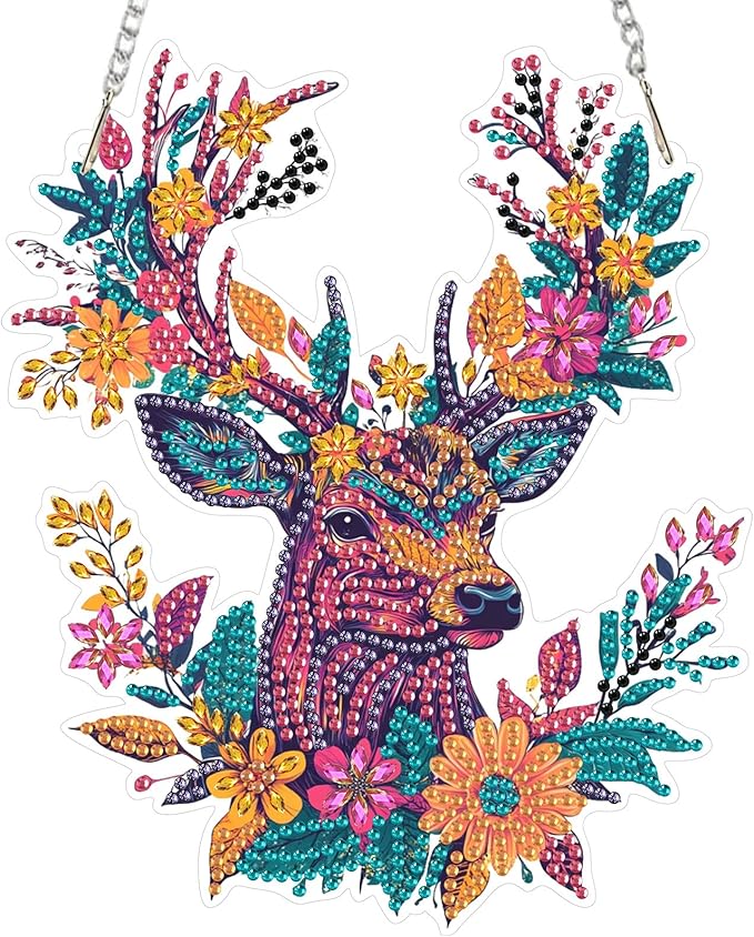 RICUVED Hanging Diamond Art Kit for Adults, Deer Special Shaped Crystal Gem Craft Flowers Diamond Painting Pendant Kit for Beginners, DIY Hanging Acrylic Art Ornament for Home Garden Wall Decor