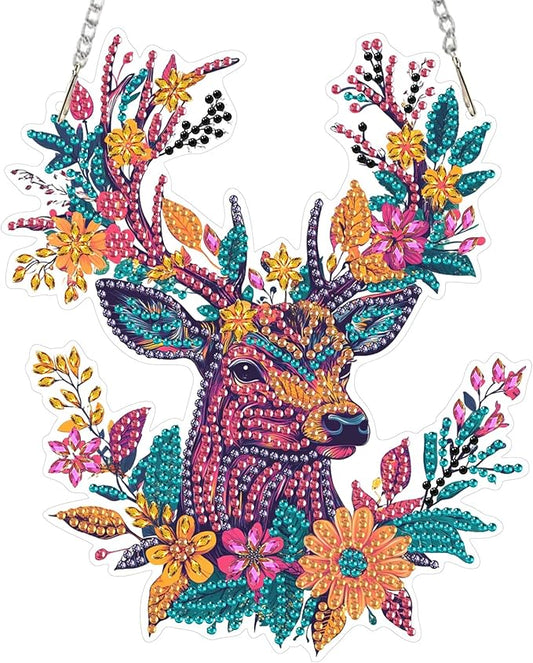 RICUVED Hanging Diamond Art Kit for Adults, Deer Special Shaped Crystal Gem Craft Flowers Diamond Painting Pendant Kit for Beginners, DIY Hanging Acrylic Art Ornament for Home Garden Wall Decor