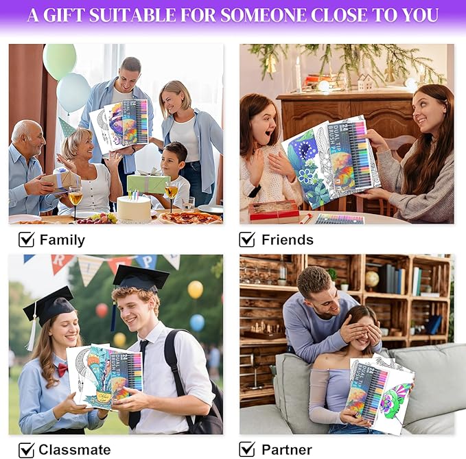 Coloring Books for Adults Relaxation, Stress Relief Coloring Book with 24 Dual Tip Markers, 2 Wooden Photo Frame Set with 12 Patterns Include Exquisite & Cute, Arts and Crafts Gift for Women, Couples