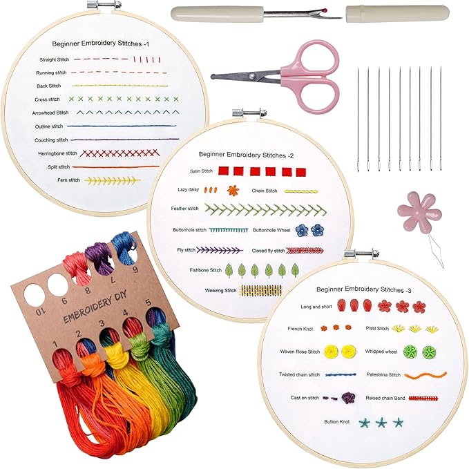 Bonroy Beginners Embroidery Practice kit 3 Sets to Learn 30 Different Stitches for Craft Lover Hand Stitch with Embroidery Fabric with Skill Techniques
