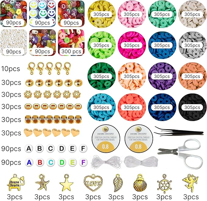Desire Deluxe Bracelet Making Kit - Beads for Bracelets, Friendship Necklace with Charm Kit Elastic Strings - Jewelry Making Supplies for Halloween, Christmas, Birthday Gifts for Girls (6084pc)