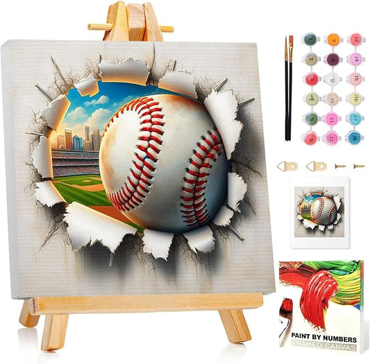 Paint by Numbers Kit for Kids with Frame, Baseball Paint by Numbers for Kids Ages 4-8-12, DIY Baseball Acrylic Oil Painting for Home Wall Art Decor Gift 7.8x7.8 inch (with Frame Easel)