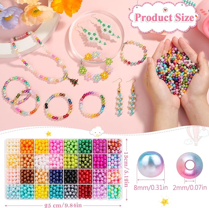 Jollidecor Pearl Beads for Jewelry Making, 8MM 32Colors Round Pearls with Holes, 1000Pcs Handcrafted Colorful Loose Spacer Small Filler DIY Craft Bracelet Necklace Earrings Making, 082
