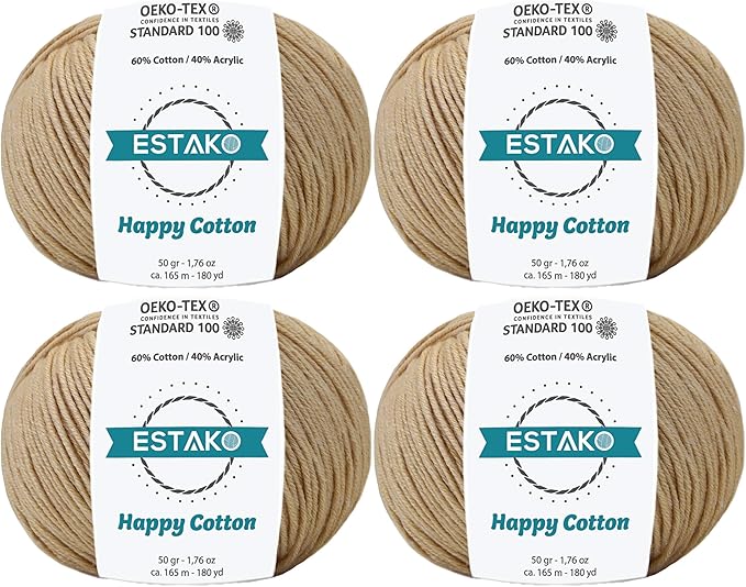 Estako Happy Cotton, (4 Skeins Pack) 60% Cotton 40% Acrylic Yarn, Soft, Fine/Sport (2) for Crochet and Knitting (4 x 1.76 Oz) / (4 x 180 Yrds) (4160 - Beige)