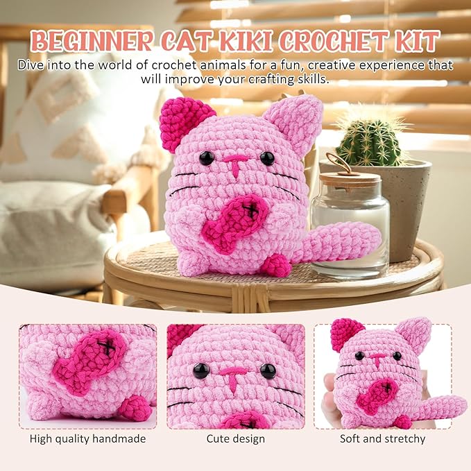 Vanttokeey Crochet Kit for Beginners, Animal Amigurumi Crochet Kits Included, Step-by-Step Video Tutorials, Beginner Crochet Kit for Adults and Kids, Crocheting Starter Set (Cat)