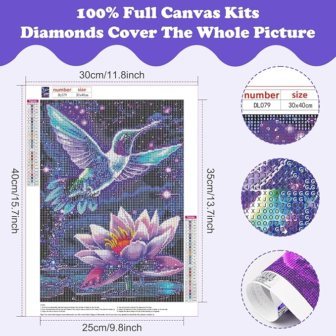 SENQAO Hummingbird Diamond Art Kits for Adults, Lotus Diamond Painting Kit for Beginners, Round 5D DIY Diamond Dots Art, Full Drill Painting Kit Art and Crafts for Adults Home Wall Decor 12x16inch