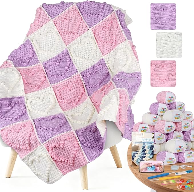 Coopay Crochet Blanket Kit for Beginners - 3D Love Granny Square Crochet Kit with Step-by-Step Video & Enough Yarns, Easy Bobble Blanket Kits for Adults, Ideal Gift for Craft Lovers (Pinkish-Purple)