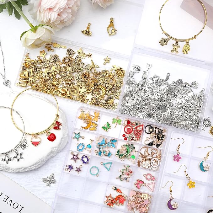SANNIX 350Pcs Charm for Jewelry Making, Assorted Gold Enamel Charms, Mixed Bulk Antique Gold Tibetan Silver Jewelry Bangle Charm Pendants for Bracelet Necklaces Earrings Making Supplies