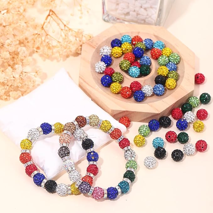 240pcs 24 Colors Rhinestone Beads for Crafts, Sparkle Round Crystal Disco Ball Clay Rhinestone Beads for DIY Jewelry Making Bracelet, Necklace, Earring and Christmas Decoration (10mm)