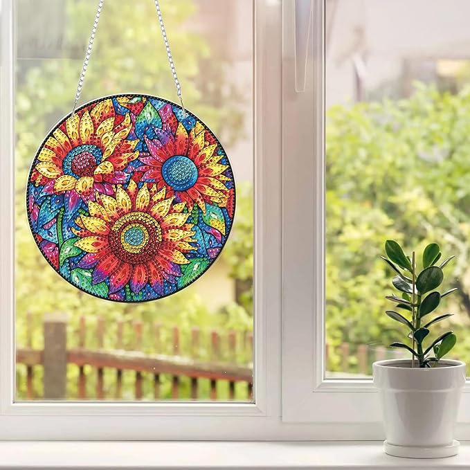 MAXBYE Diamond Art Kits for Adults Hanging Pendant, Sunflowers DIY Special Shaped Diamonds Painting Double Sided Rhinestone Gem Art for Beginners Gift Window Wall Door Decoration 8×8 Inch