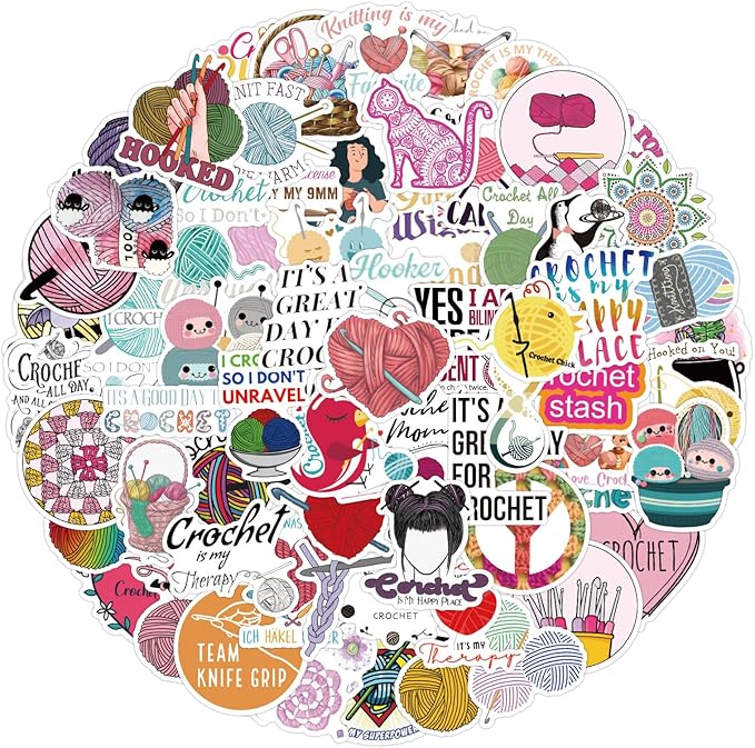 Retro Crochet Stickers,100 Pcs Cute Knitting Tool Decals, Waterproof Vinyl Stickers for Craft Journals, Sewing Boxes, Home Decor, Ideal for Crafters Adults(Crochet)