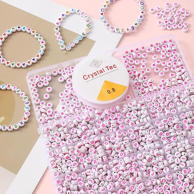 nikkiGuo 1250pcs 4x7mm White Round Acrylic Alphabet Beads A-Z Heart Beads with Numbers Crystal Line for Jewelry Bracelet, Necklace and Key Chains(Hot Pink White Colorful)