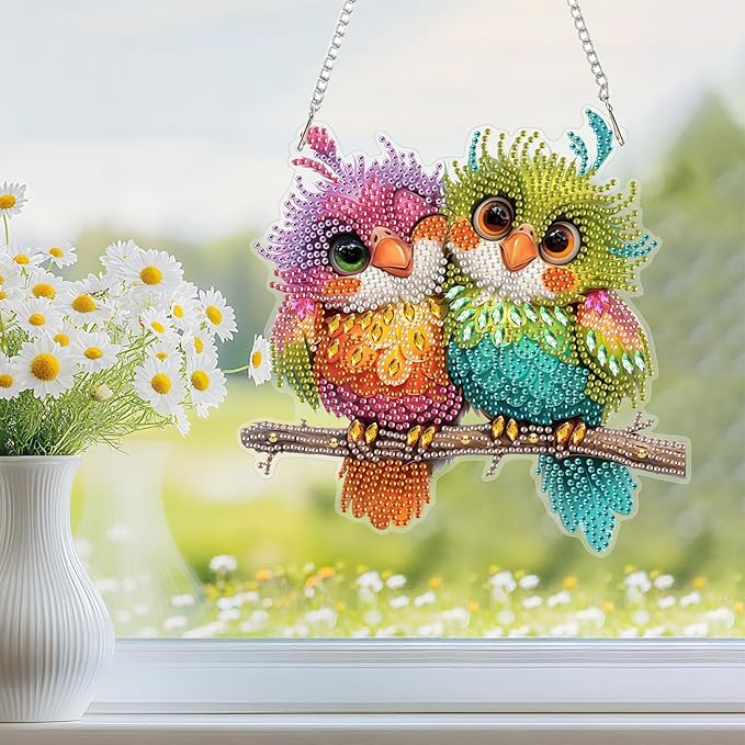 NEWENMO Diamond Art Kit for Adult, Funny Birds, Diamond Art Painting Double Sided Window Pendants for Home Garden Wall Hanging, DIY Special Shaped Gem Hanging Ornaments, Colorful Birds