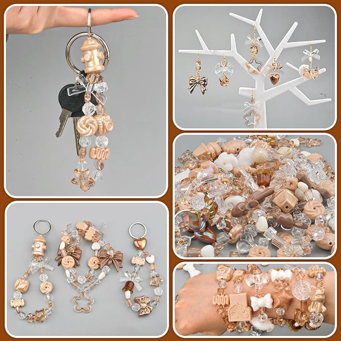 ABONDEVER 245-300Pcs Assorted Acrylic Beads for Bracelets Making Kawaii Star Bow Flower Candy Heart Gummy Bear Butterfly Beads for DIY Jewelry Crafts Keychain Necklace Phone Charms(Coffee)