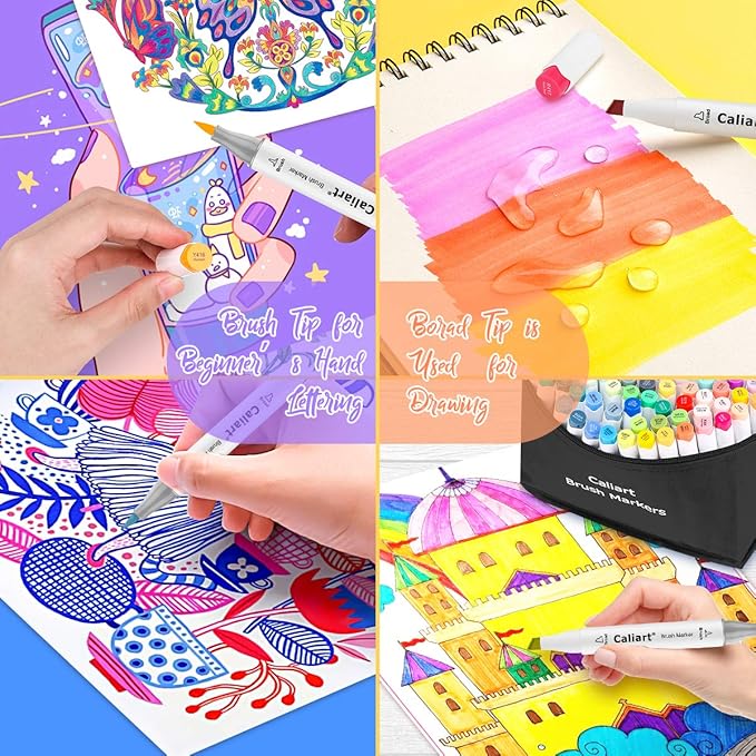 caliart 168 colors alcohol markers brush tip & chisel, dual tip art markers set for adults coloring book artists sketch illustration, with case permanent colored pen art supplies drawing gifts
