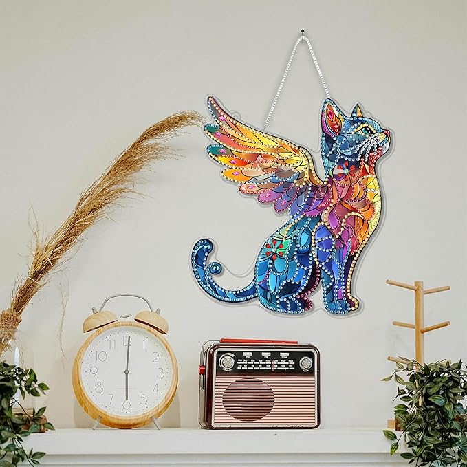SKRYUIE Cat Hanging Diamond Art Kits for Adults Pendant Suncatcher, Special Shaped Crystal DIY Pearl Diamond Painting Kit, Gift for Mother Spring Summer Window Wreath Decor 7.8 x 6.86 Inch A28