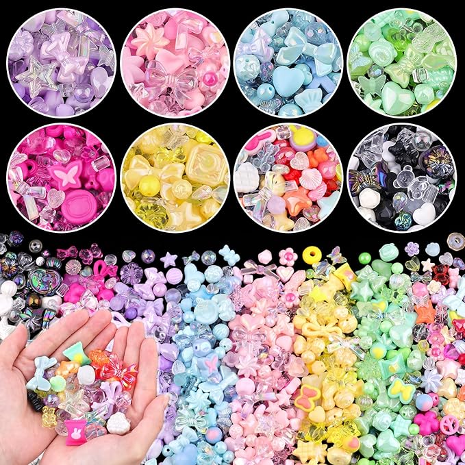 500-550pcs tinkrstuff assorted 8 mixed colors acrylic beads for bracelet making, cute beads for jewelry making flower bow butterfly gummybear aesthetic bracelet beads,diy necklace keychain phone charm