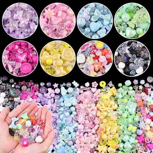 500-550pcs tinkrstuff assorted 8 mixed colors acrylic beads for bracelet making, cute beads for jewelry making flower bow butterfly gummybear aesthetic bracelet beads,diy necklace keychain phone charm