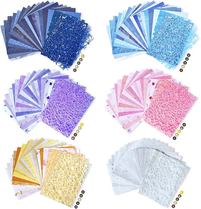 156Sheets Textured Scrapbook Paper & Mesh Fabric Assorted Set+30 Buttons, 6 Pack Mixed Special Paper for Scrapbooking,Planner,Bullet Junk Journal Supplies & DIY Mixed Media Collages 4.3x5.5in