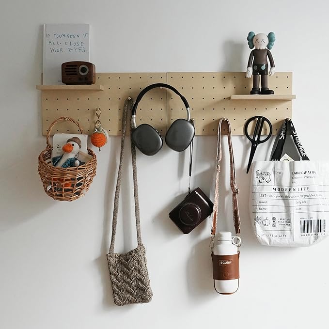 Wooden Pegboard Modular Display Organization Storage Wall Hooks Shelf (Birch Colored Finish-A)