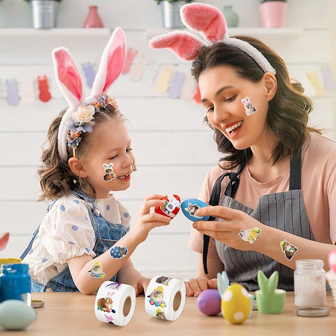 h1vojoxo easter cat sticker rolls - 1000pcs holiday cat dress up stickers for kids 16 designs funny self-adhesive stickers for easter party supplies easter eggs stickers for craft envelope cat lover
