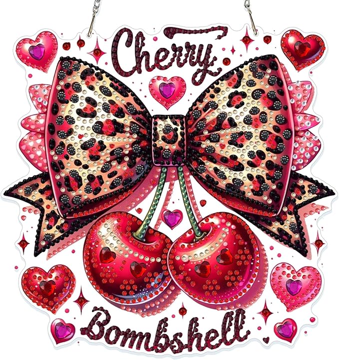 GHHKUD Cherry Bow Diamond Art Hanging Kit for Adults, DIY Double Sided Diamond Painting Hanging Valentines Kits Adults, Special Shaped Acrylic Ornaments Pendants for Window Home Garden Wall