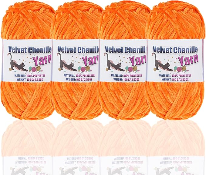 4 * 100g Fluffy Velvet Chenille Yarn for Crocheting and Knitting, Handcrafts Weaving Soft Chenille Yarn for Crocheting Clearance, Used for Making Baby Yarn Blanket, Clothes, DIY Craft (Orange)