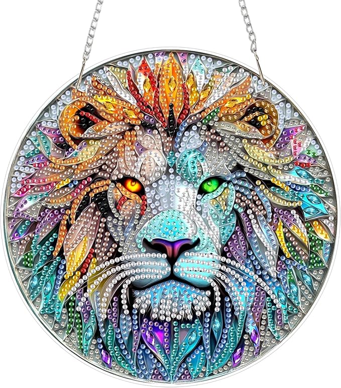 Lxmsja DIY Stained Glass Lion Diamond Painting Hanging Ornament, Double-Sided Acrylic Lion Diamond Art Kit, Special Shaped Suncatcher Hanging Pendant Window Art Kit 8x8 inch
