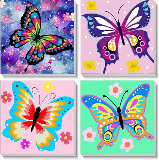 4 Pack Butterfly Paint by Number for Kids with Wooden Frame, Paint by Numbers for Kids Butterflies Ages 4-8-12, Easy Painting with Numbers DIY Acrylic Oil Painting Kits for Home Wall Decor (8X8 inch)